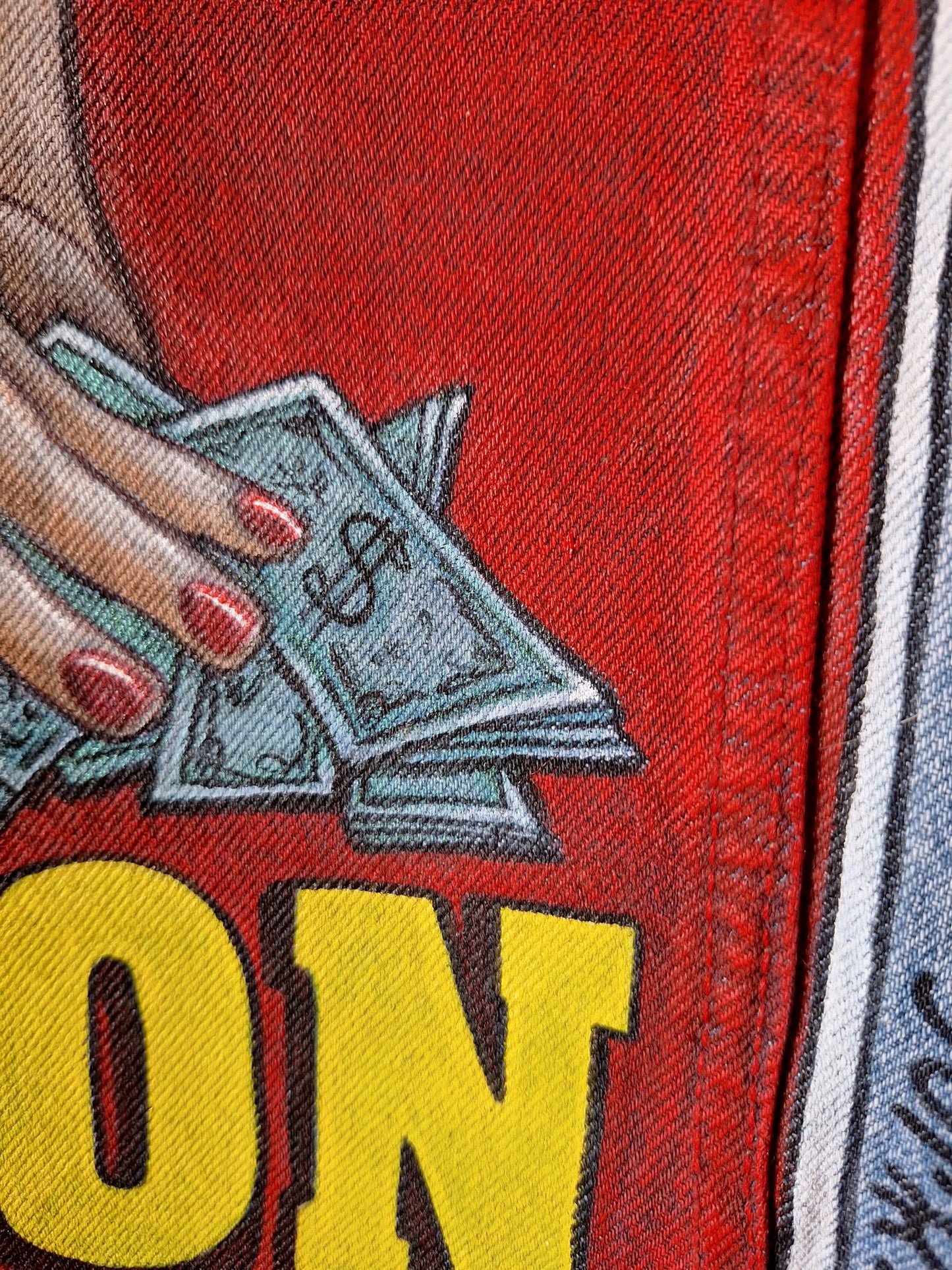 Chaleco largo vaquero pintado a mano – Estilo Pezojos, inspirado en Pulp Fiction