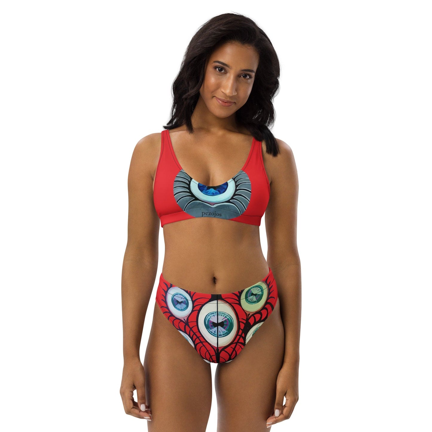 Bikini reciclado talle alto all over rojo Pez ojos