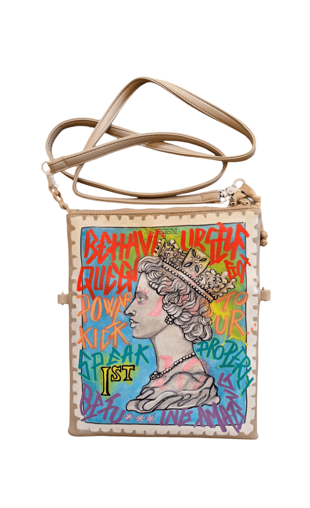 Bolso tipo cartero pintado a mano – Cards & Stamps Edición Reina del Reino Unido - Ropa pintada a mano en Pezojos