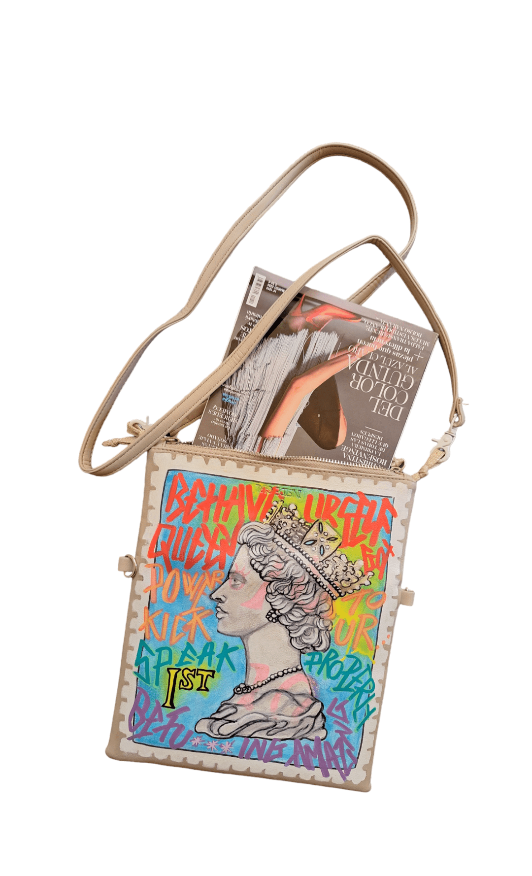 Bolso tipo cartero pintado a mano – Cards & Stamps Edición Reina del Reino Unido - Ropa pintada a mano en Pezojos