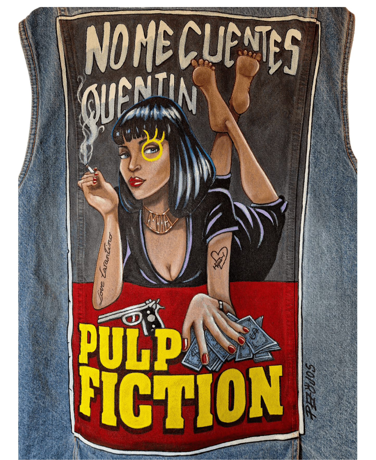 Chaleco largo vaquero pintado a mano – Estilo Pezojos, inspirado en Pulp Fiction - Ropa pintada a mano en Pezojos
