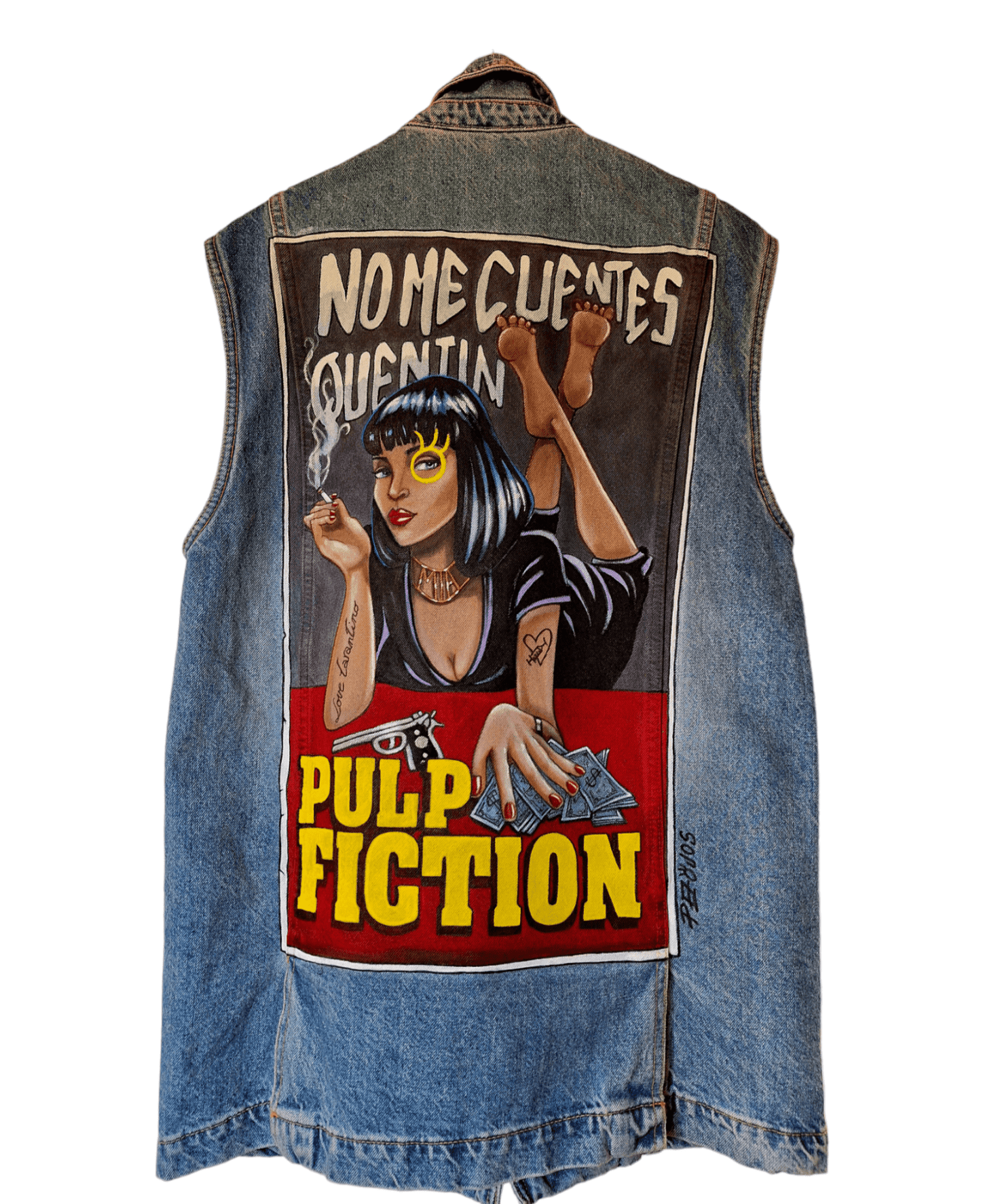 Chaleco largo vaquero pintado a mano – Estilo Pezojos, inspirado en Pulp Fiction - Ropa pintada a mano en Pezojos