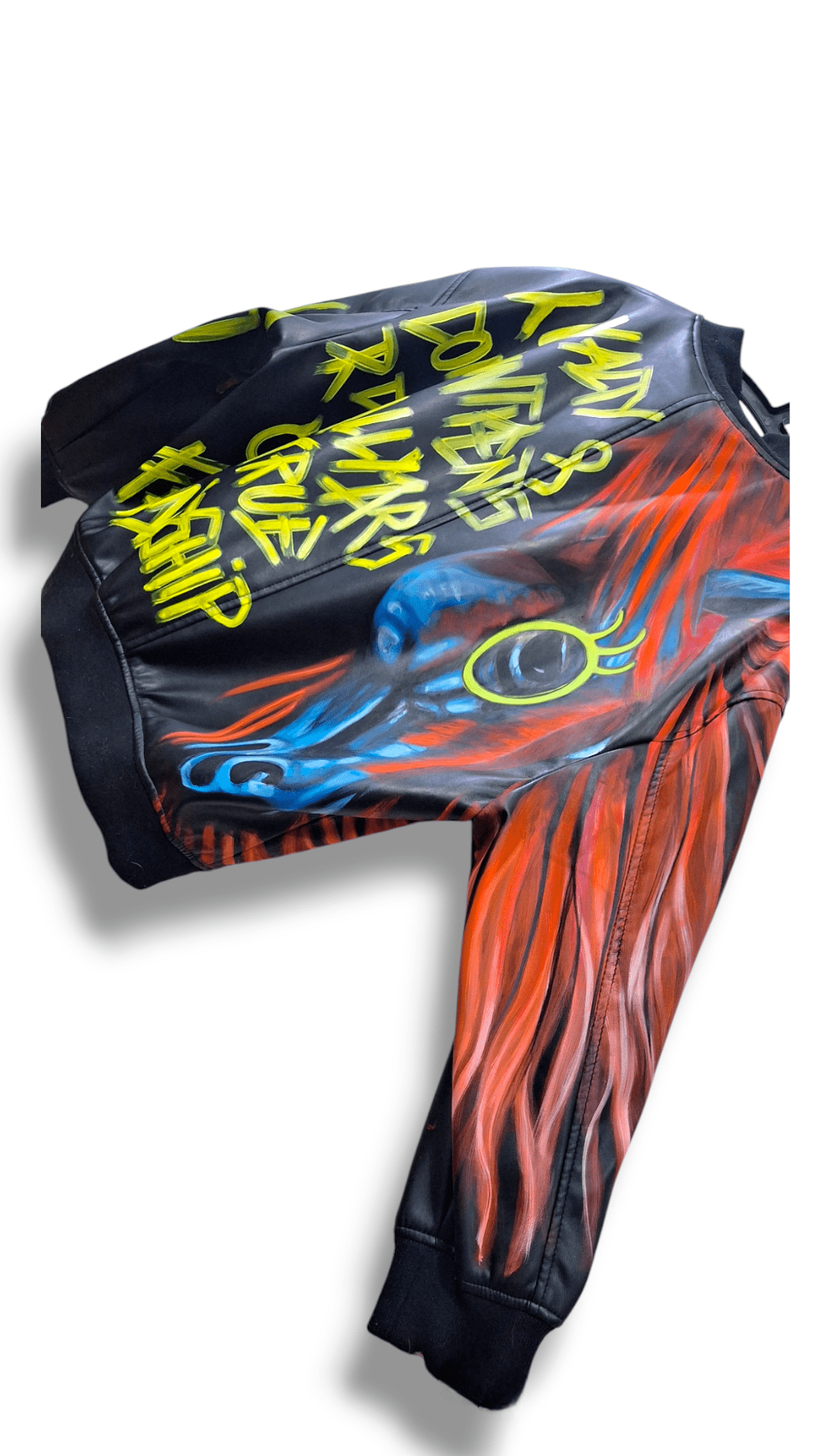 Chaqueta bomber de polipiel pintada a mano – Diseño exclusivo de caballo en azul y naranja - Ropa pintada a mano en Pezojos