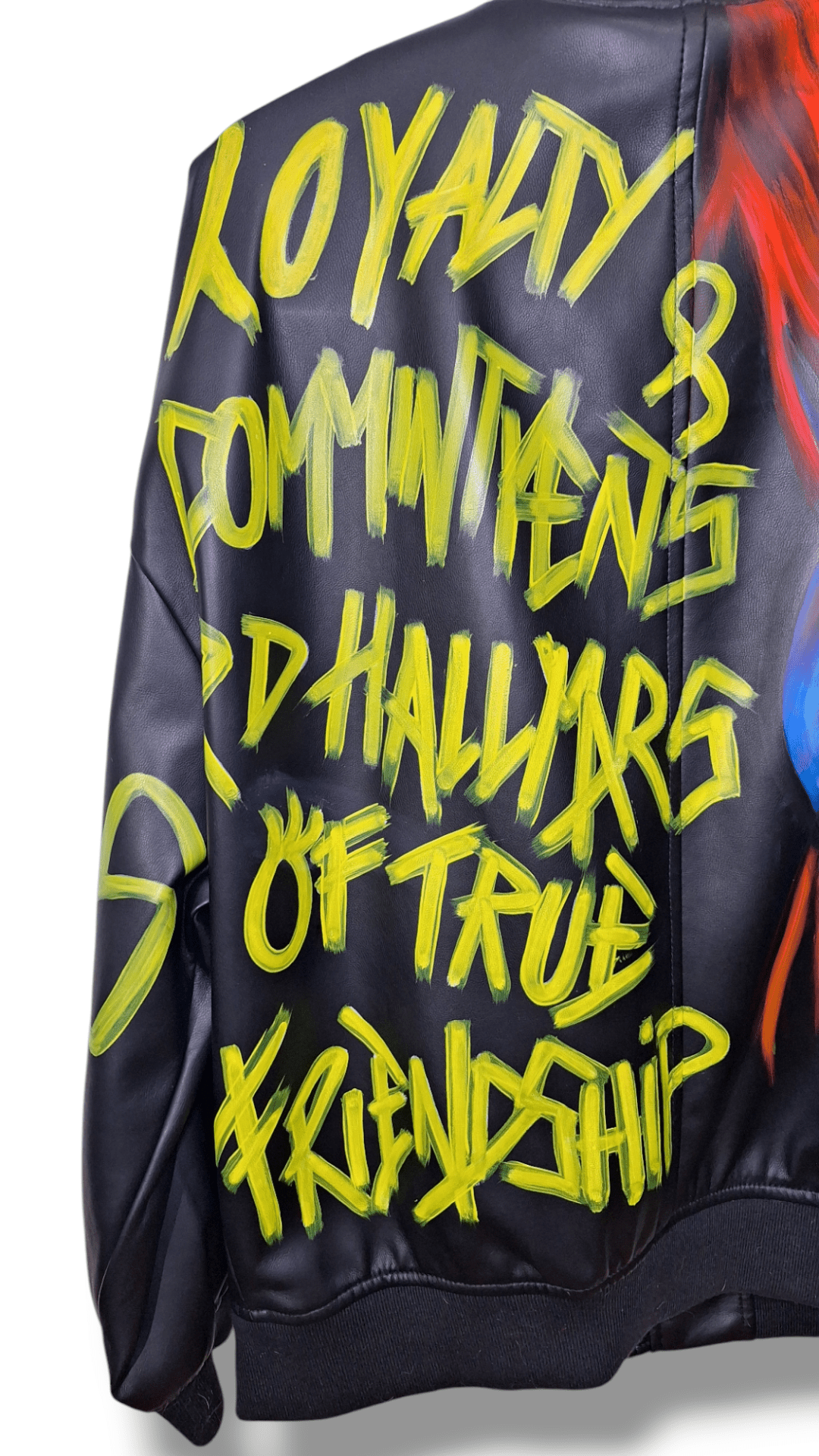 Chaqueta bomber de polipiel pintada a mano – Diseño exclusivo de caballo en azul y naranja - Ropa pintada a mano en Pezojos