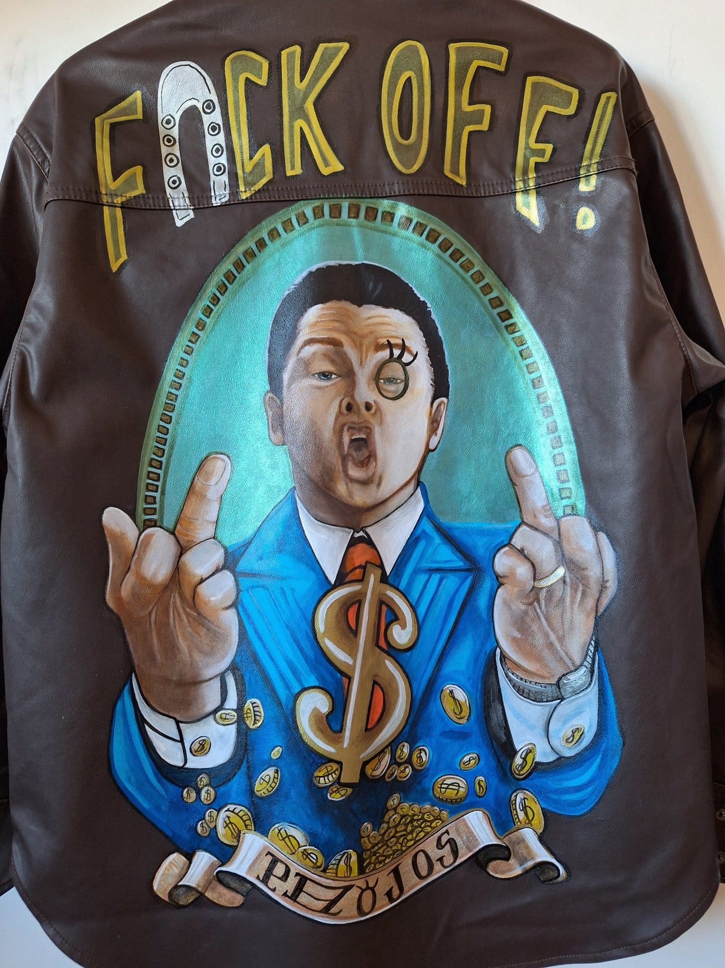 Chaqueta camisa pintada Lobo Wall Street - Ropa pintada a mano en Pezojos