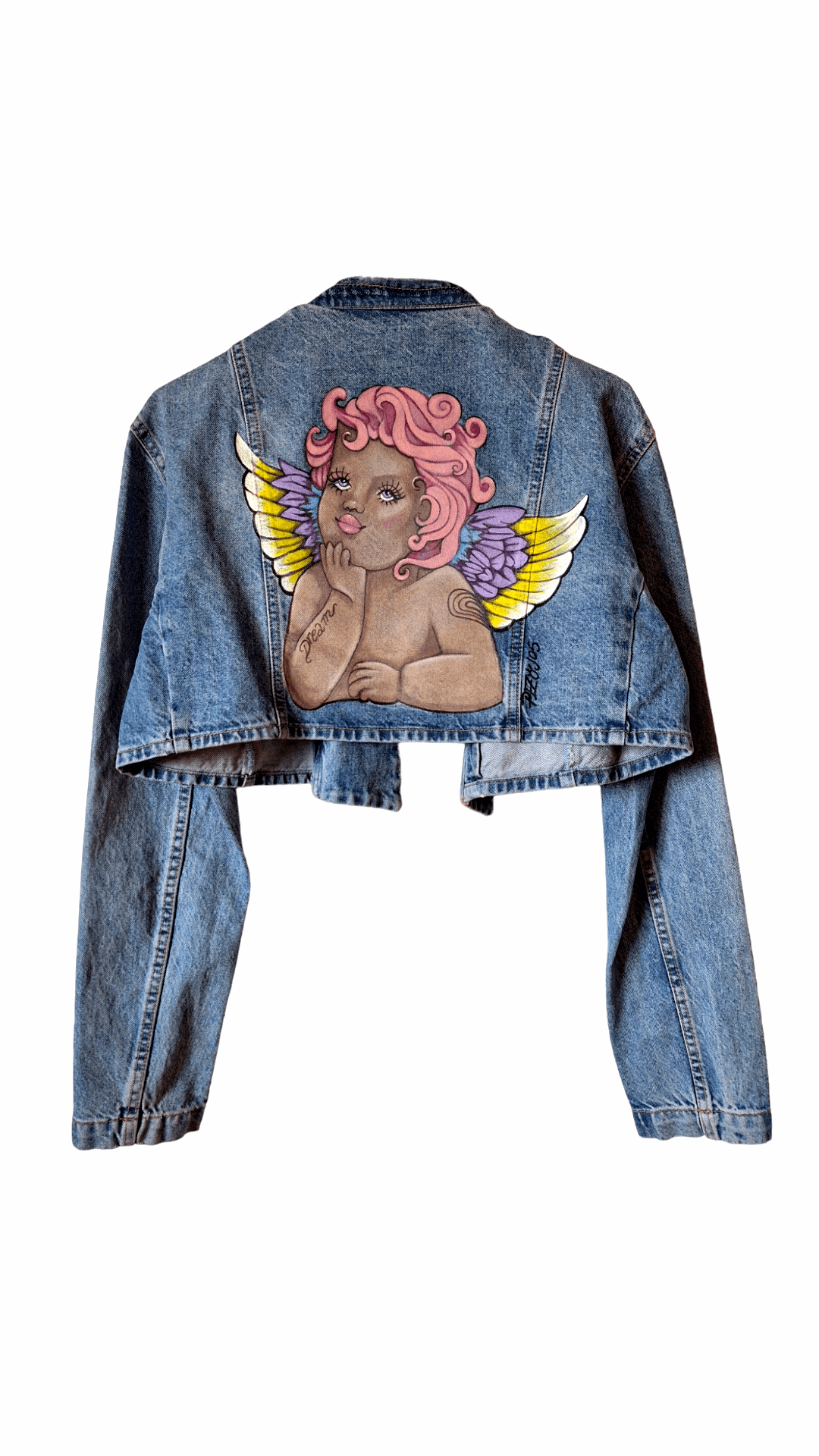 Chaqueta crop denim pintada a mano Angel Punk - Ropa pintada a mano en Pezojos