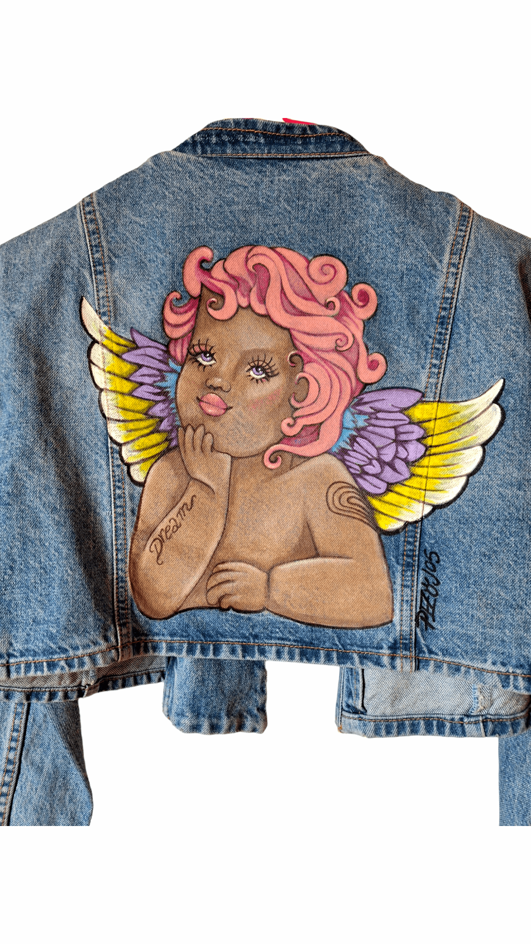 Chaqueta crop denim pintada a mano Angel Punk - Ropa pintada a mano en Pezojos