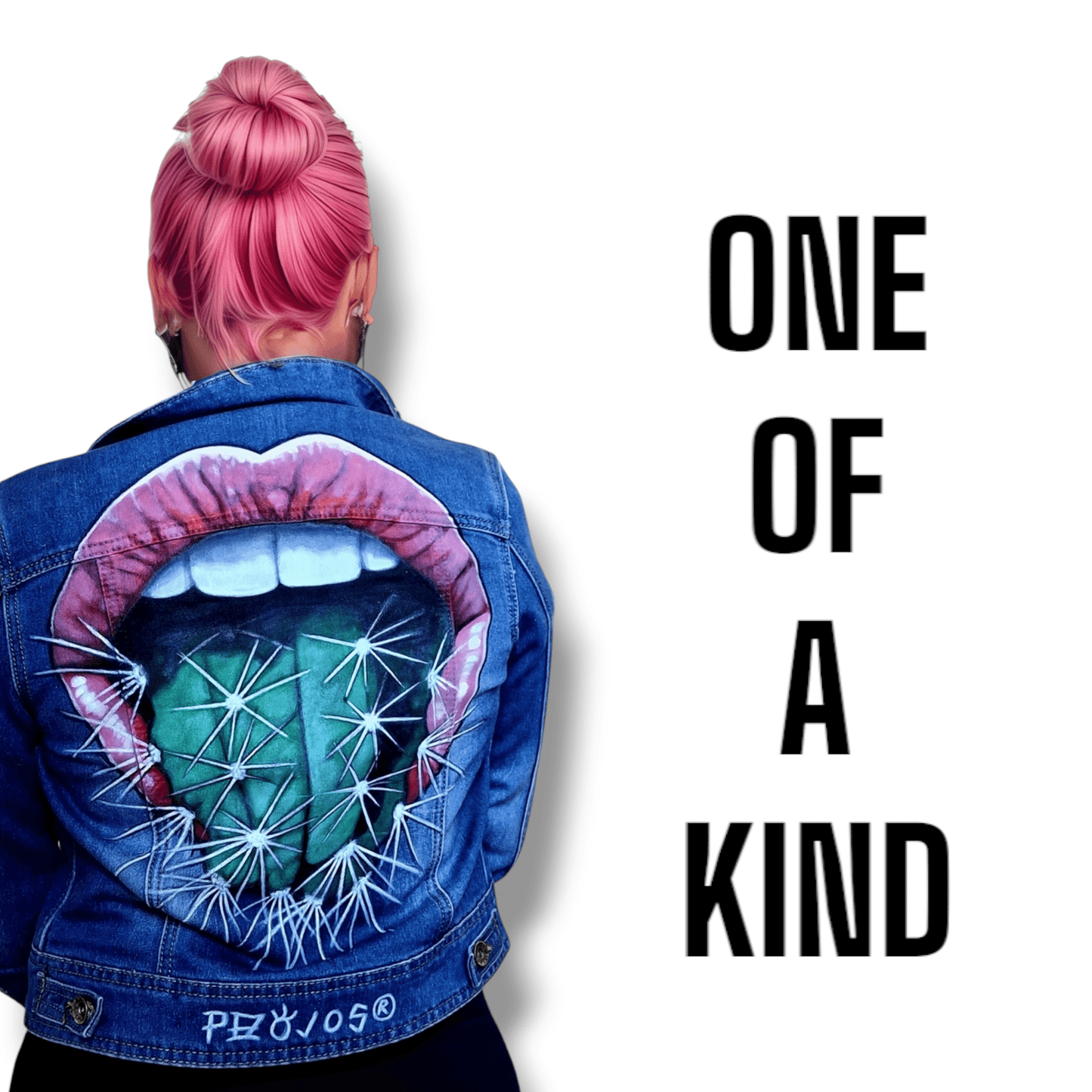 Chaqueta denim pintada Boca cactus - Ropa pintada a mano en Pezojos