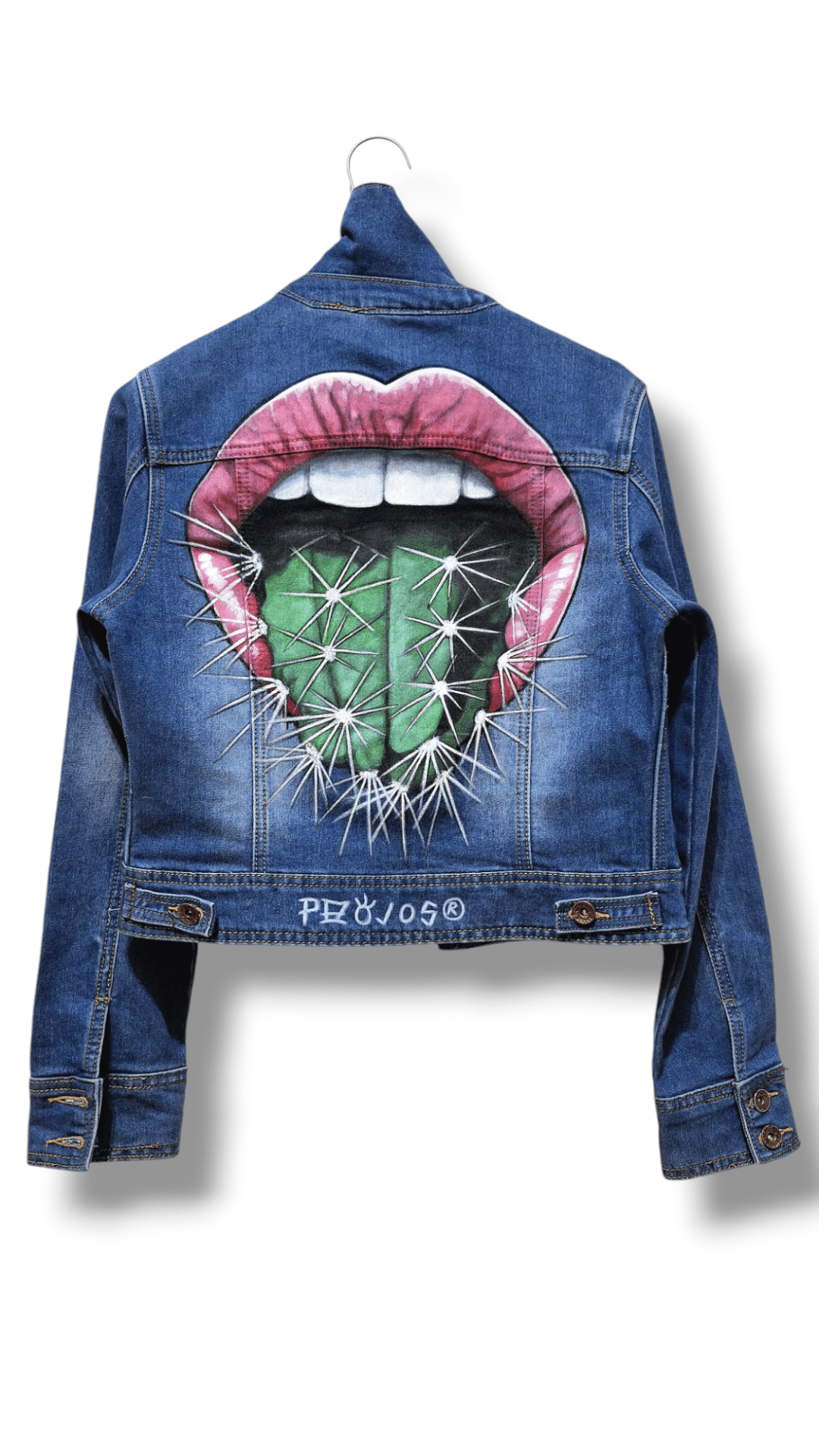 Chaqueta denim pintada Boca cactus - Ropa pintada a mano en Pezojos