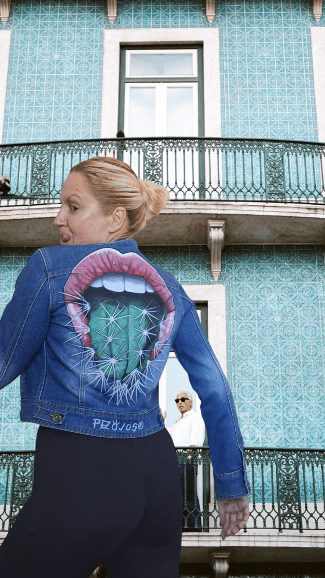 Chaqueta denim pintada Boca cactus - Ropa pintada a mano en Pezojos