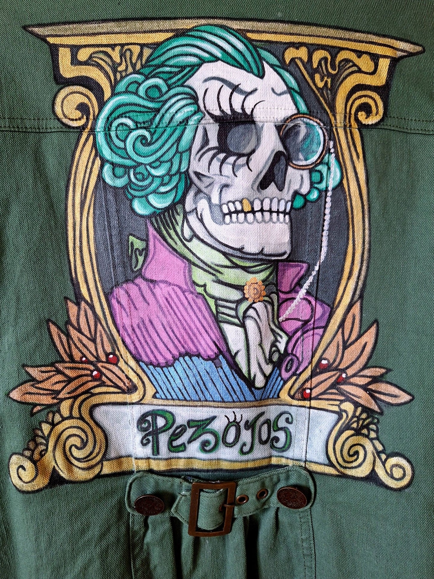 Chaqueta denim vintage pintada Skull president - Ropa pintada a mano en Pezojos