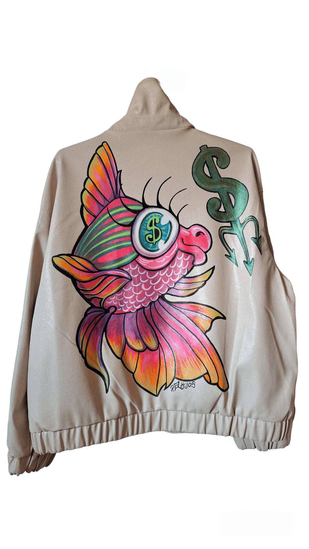 Chaqueta ecopiel bomber pintada a mano Pez dolar - Ropa pintada a mano en Pezojos