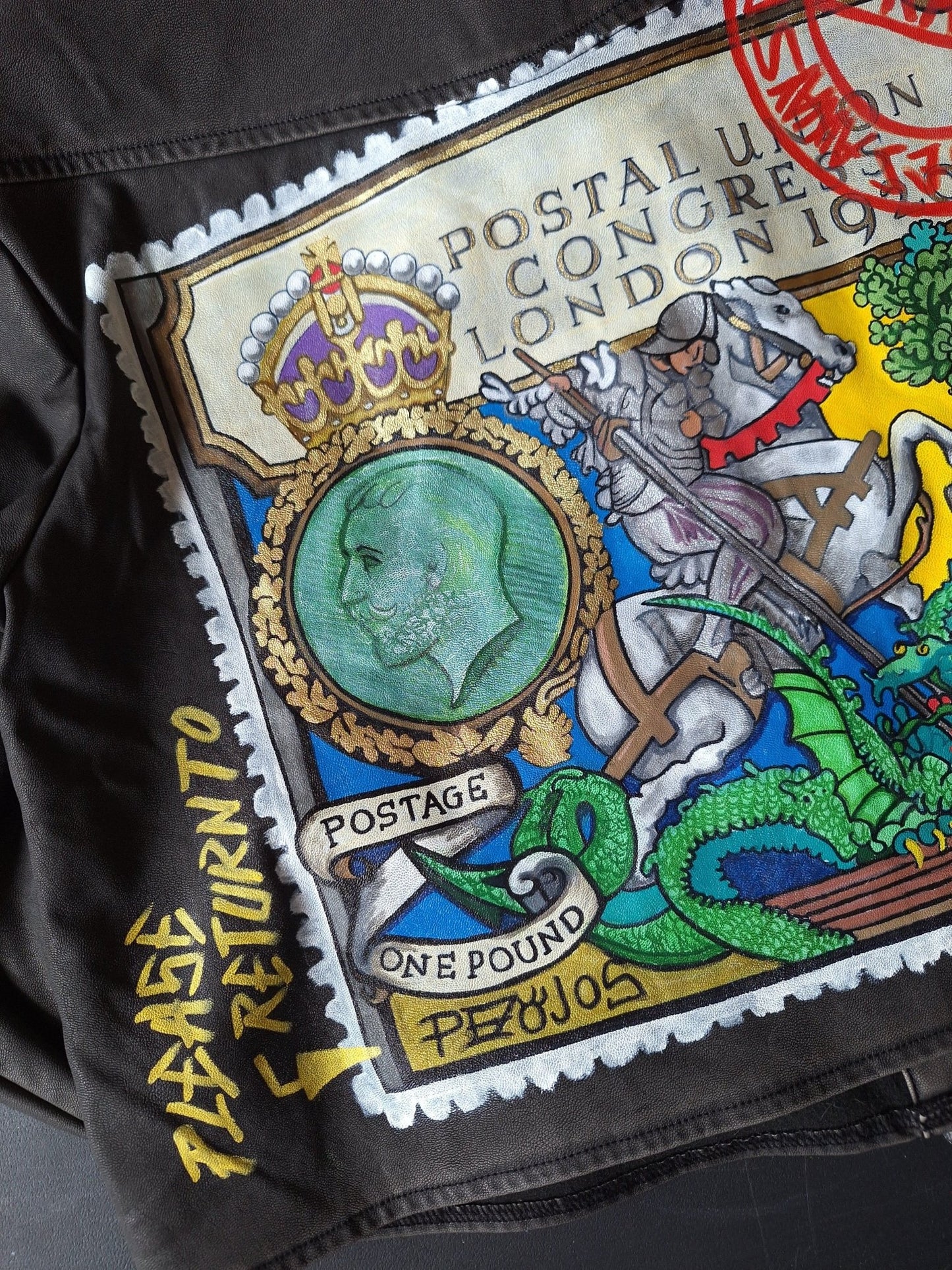 Chaqueta Gris oscuro Pintada a Mano – Sello de San Jorge - Ropa pintada a mano en Pezojos