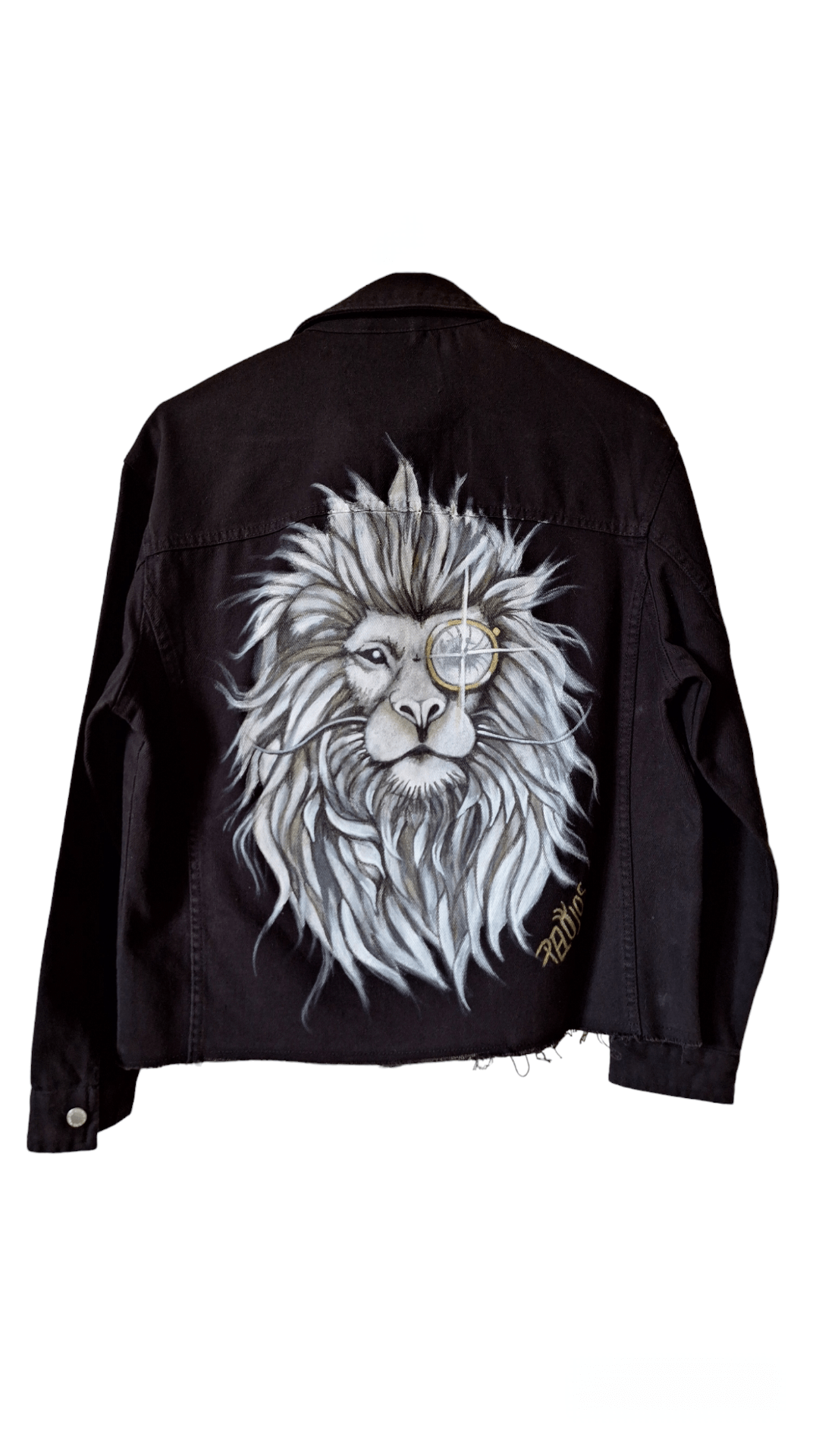 Chaqueta negra denim pintada Leon de Gaudí - Ropa pintada a mano en Pezojos