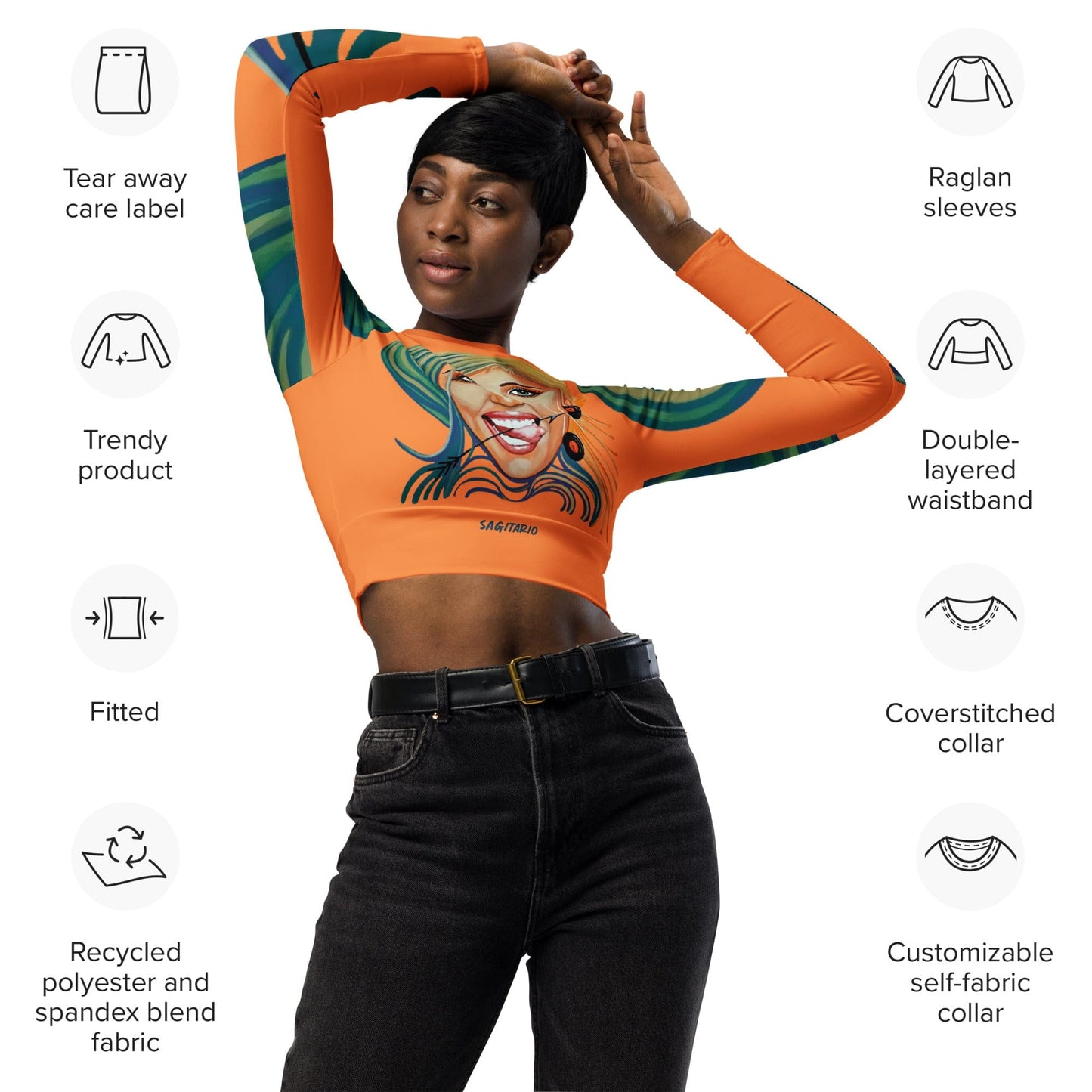 Crop top de manga larga dollavatar zodiaco Sagitario - Ropa pintada a mano en Pezojos