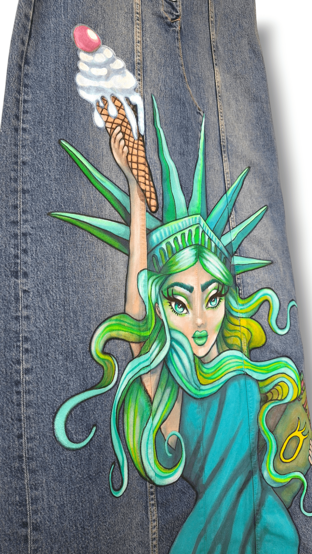 Falda Vaquera Larga Pintada a Mano - Dollavatar Liberty Pezojos - Ropa pintada a mano en Pezojos