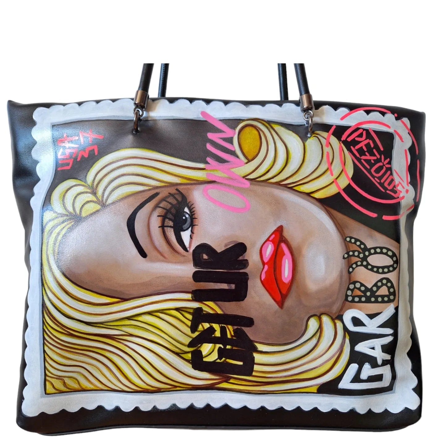Maxi Bolso negro pintado a mano "Garbo pop" - Ropa pintada a mano en Pezojos