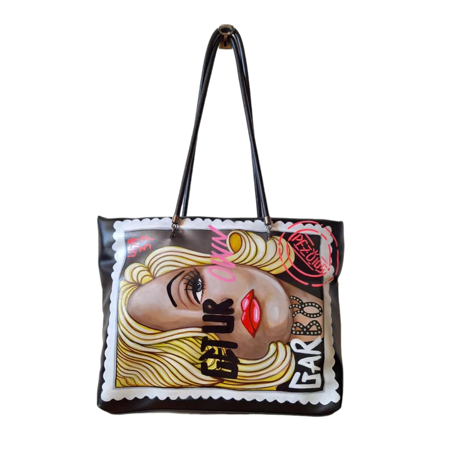 Maxi Bolso negro pintado a mano "Garbo pop" - Ropa pintada a mano en Pezojos