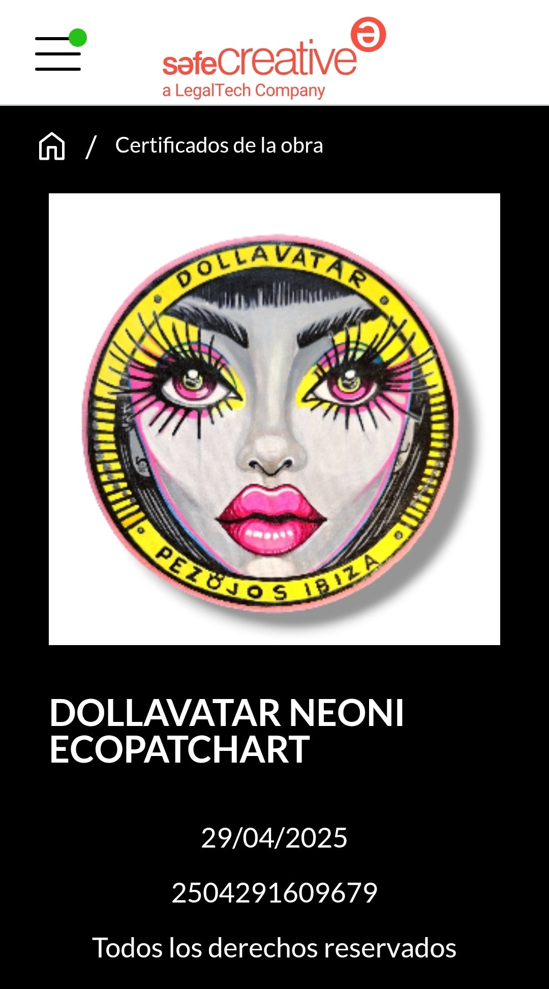 Ecopatch dollavatar Neony Pieza Única Parche Arte Textil Pintado a Mano
