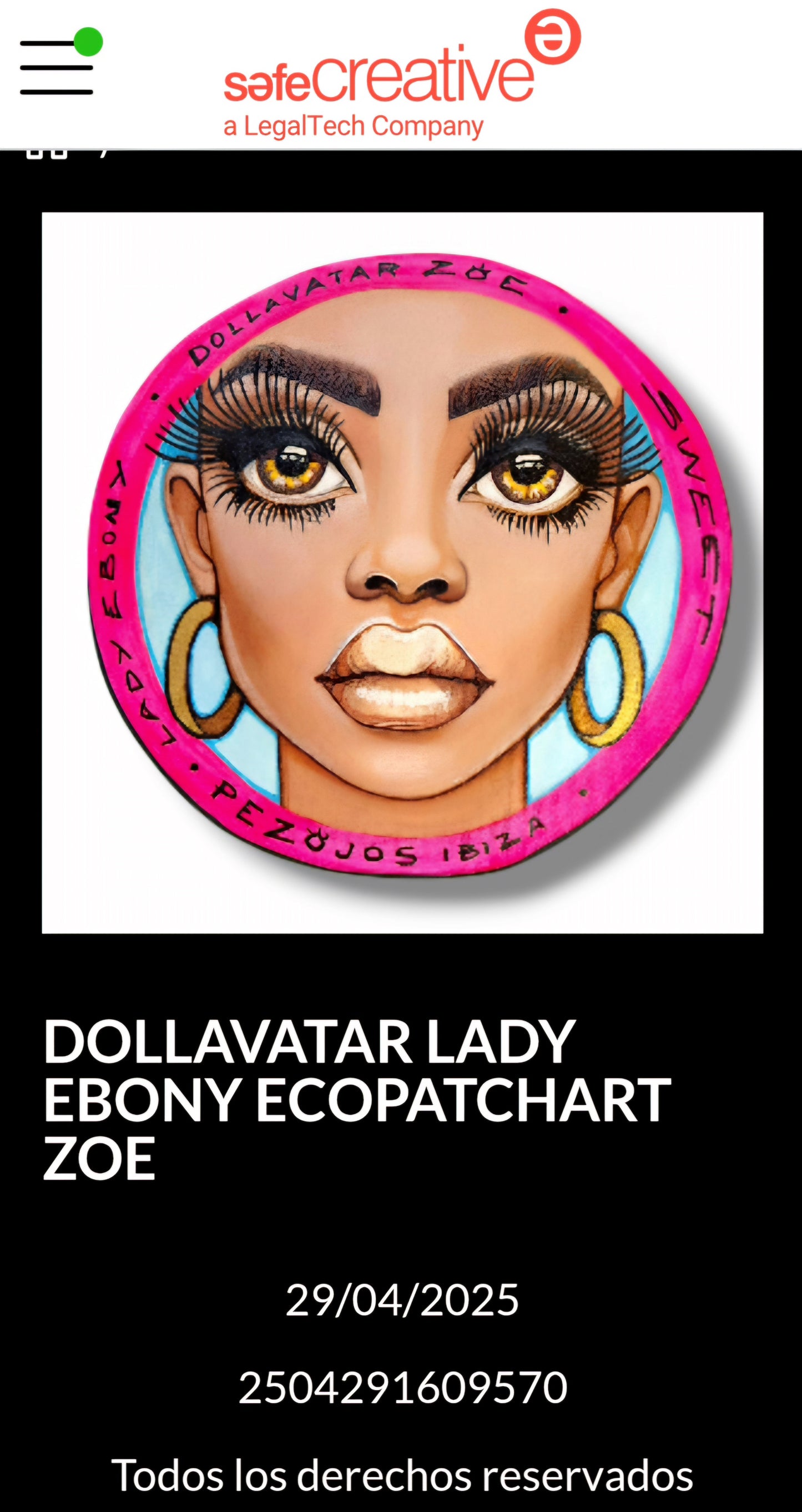 Ecopatch Art Dollavatar Lady Ebony Zoe Pieza Única Parche Arte Textil Pintado a Mano