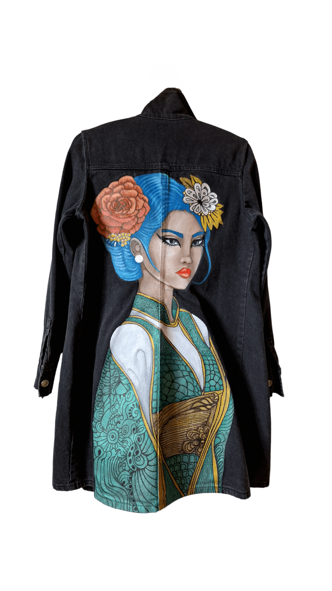 Vestido denim pintado Gheisa - Ropa pintada a mano en Pezojos