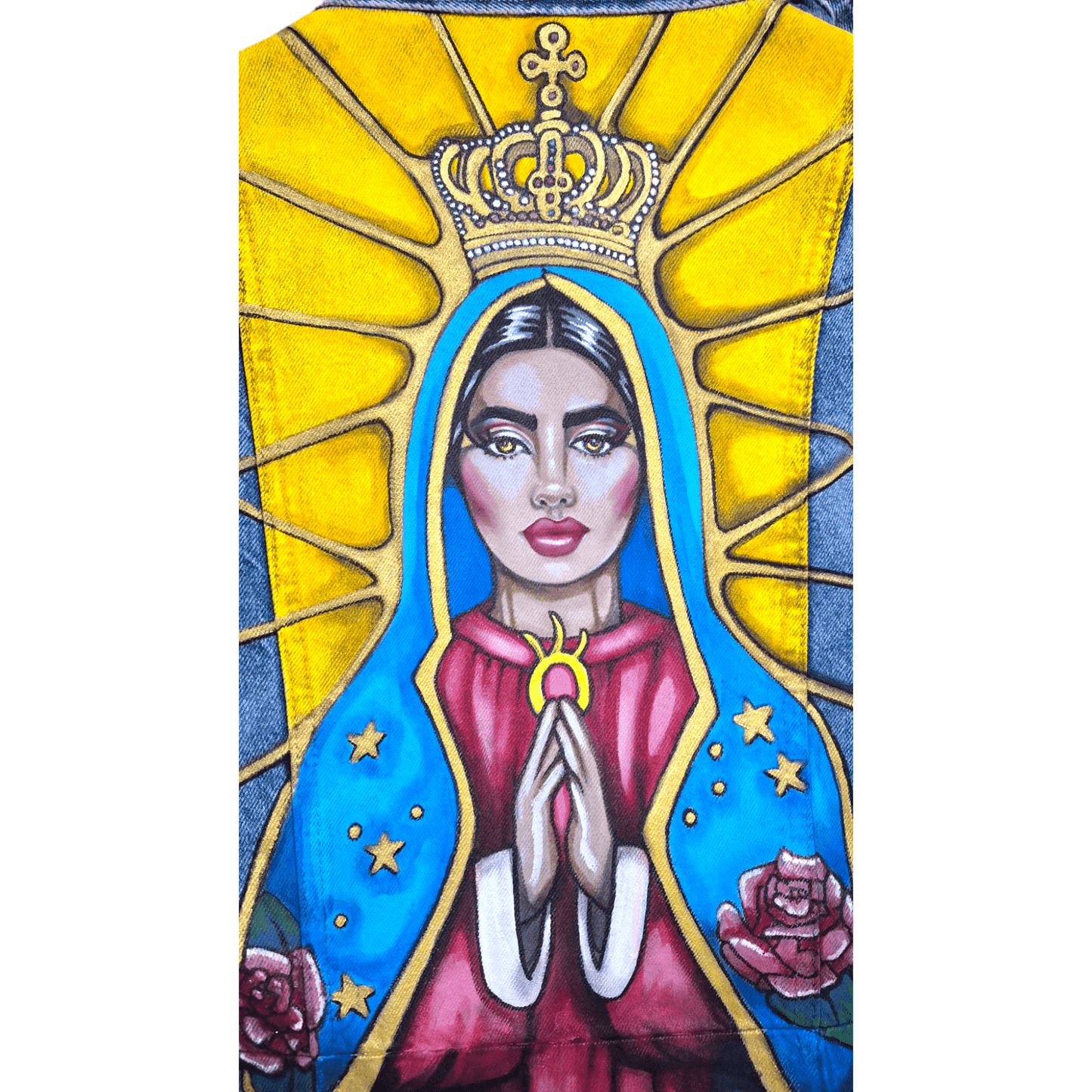 Vestido Levita denim pintado a mano Virgen Guadalupe Pezojos Pop - Ropa pintada a mano en Pezojos