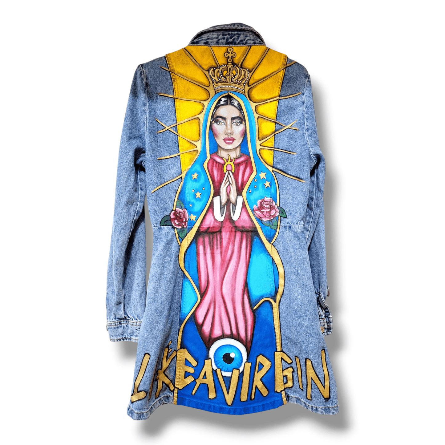 Vestido Levita denim pintado a mano Virgen Guadalupe Pezojos Pop - Ropa pintada a mano en Pezojos