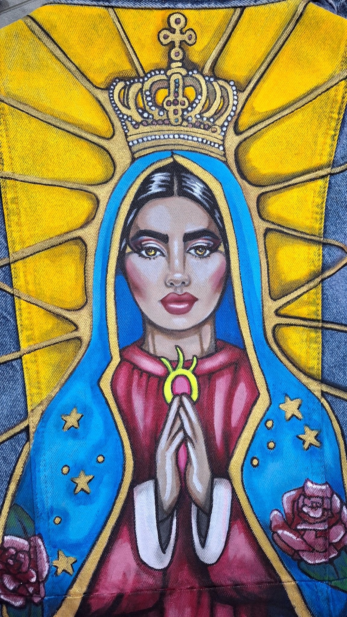 Vestido Levita denim pintado a mano Virgen Guadalupe Pezojos Pop - Ropa pintada a mano en Pezojos