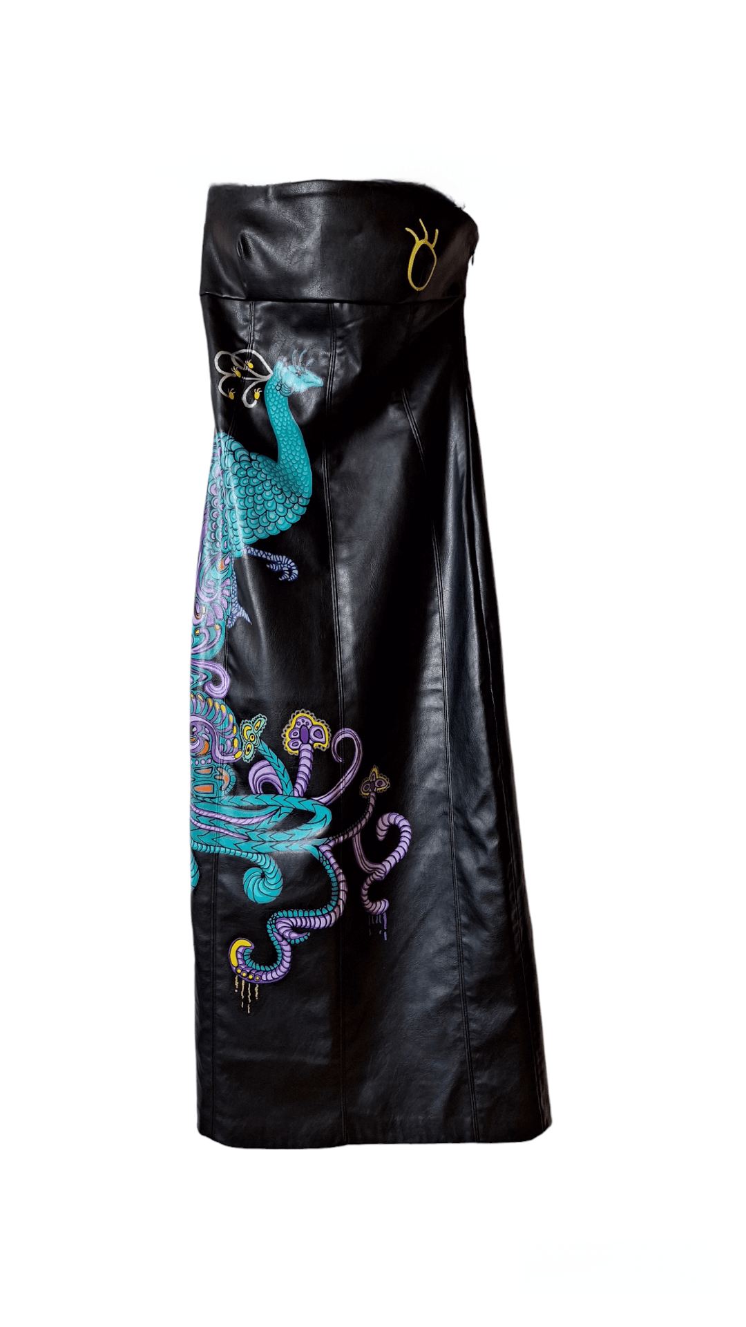 Vestido negro eco piel pintado a mano Pavo real - Ropa pintada a mano en Pezojos