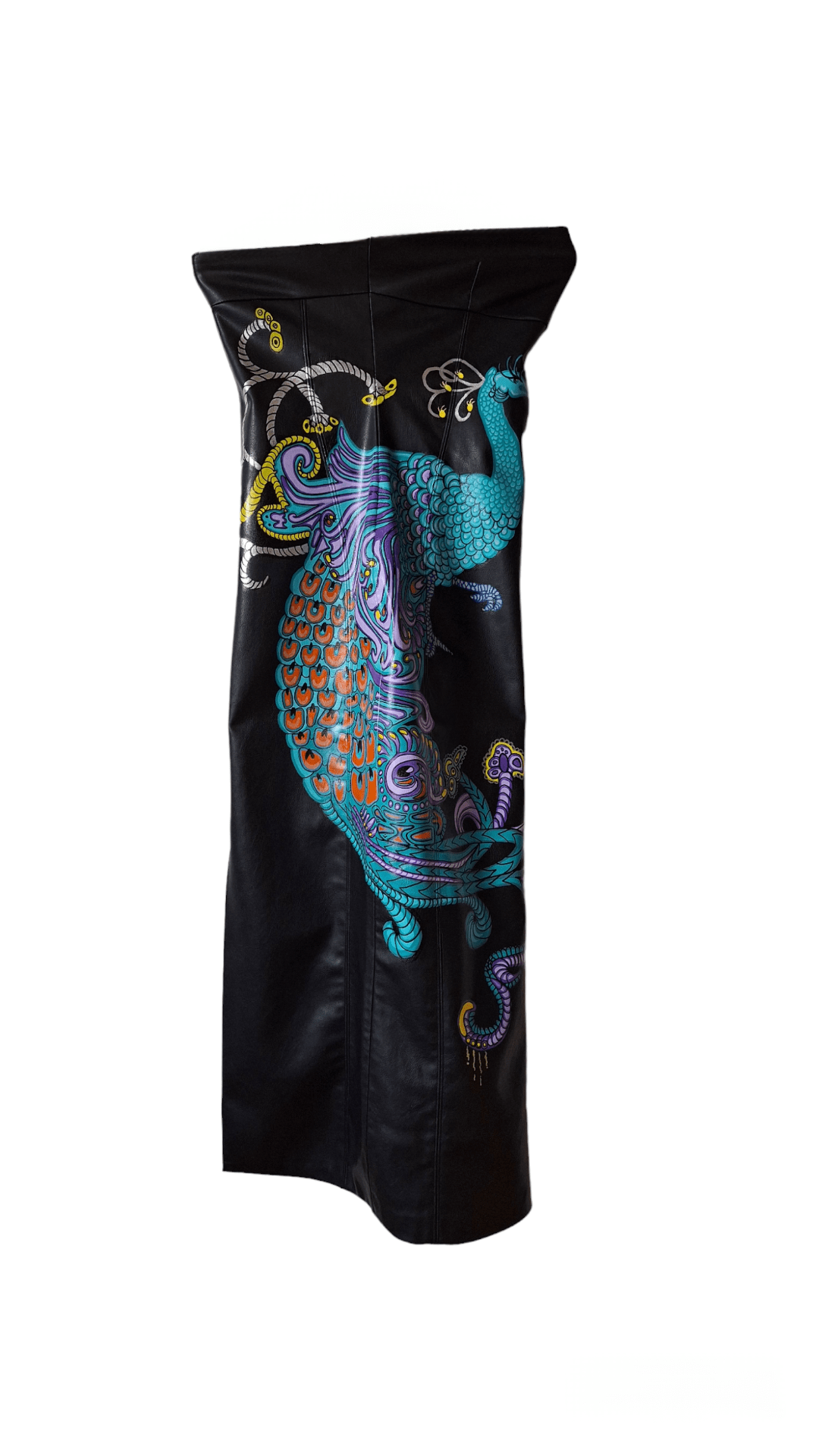 Vestido negro eco piel pintado a mano Pavo real - Ropa pintada a mano en Pezojos