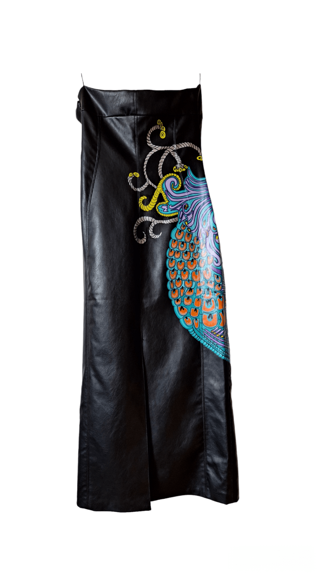 Vestido negro eco piel pintado a mano Pavo real - Ropa pintada a mano en Pezojos