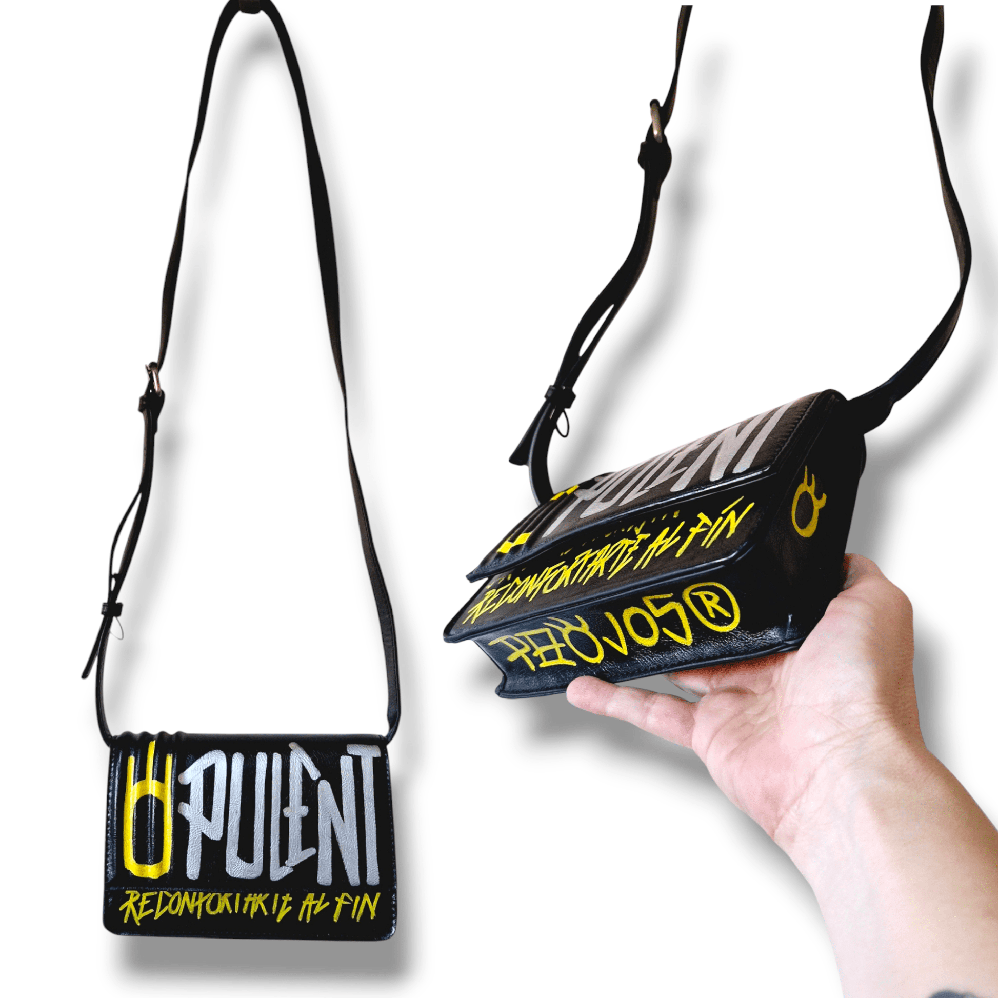 Bolso negro de polipiel customizado - Urbano y funcional para fiesta y festivales - Ropa pintada a mano en Pezojos