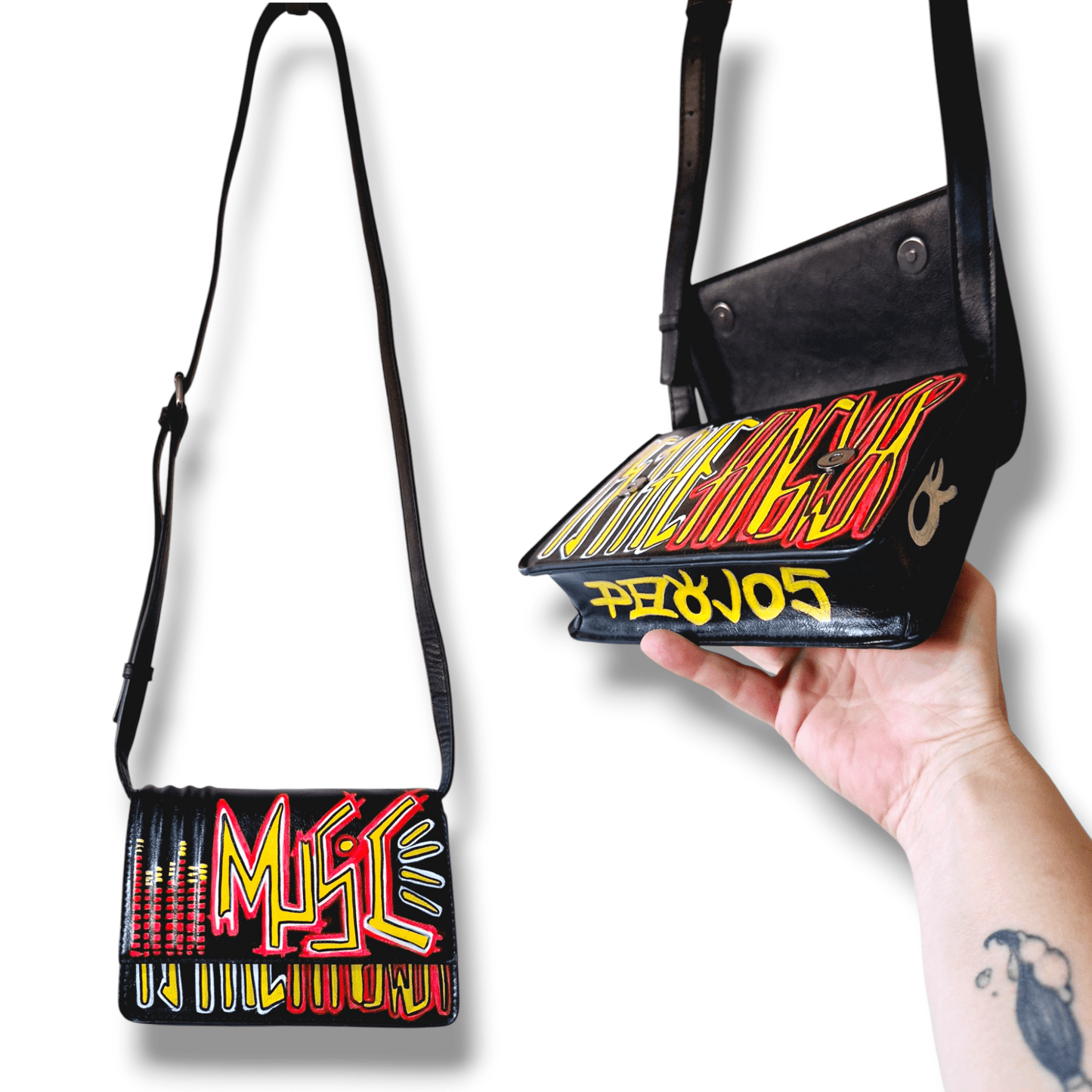 Bolso negro de polipiel customizado - Urbano y funcional para fiesta y festivales - Ropa pintada a mano en Pezojos