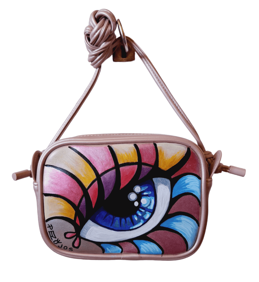 Bolso pintado rosa ojo arco iris - Ropa pintada a mano en Pezojos