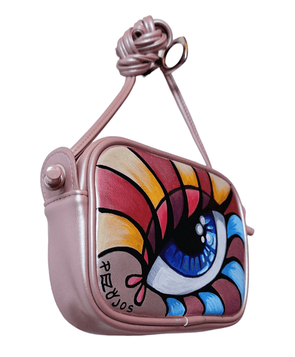 Bolso pintado rosa ojo arco iris - Ropa pintada a mano en Pezojos