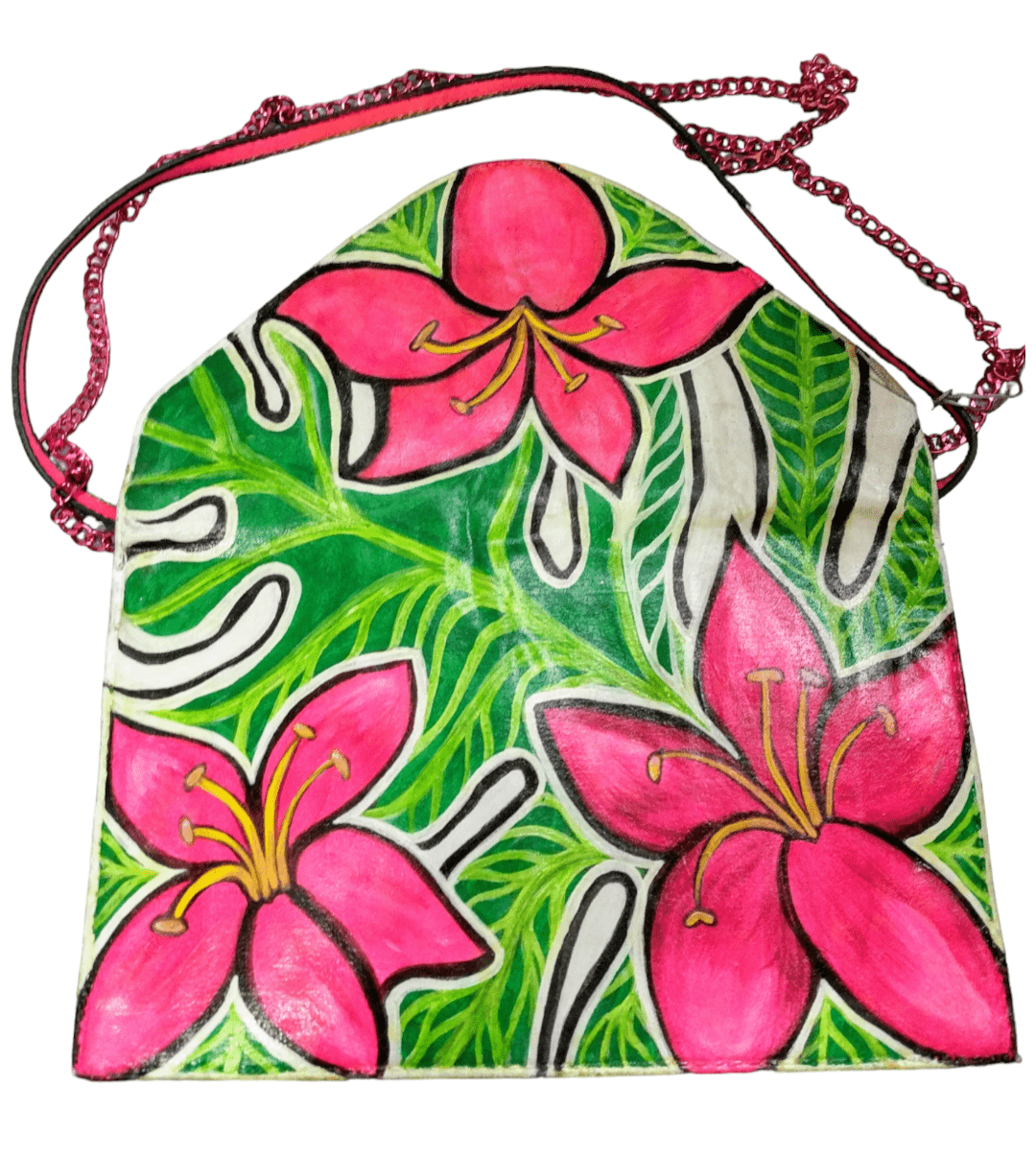 Bolso tipo sobre pintado a mano: Flor hawaiana en rosa neón - Ropa pintada a mano en Pezojos