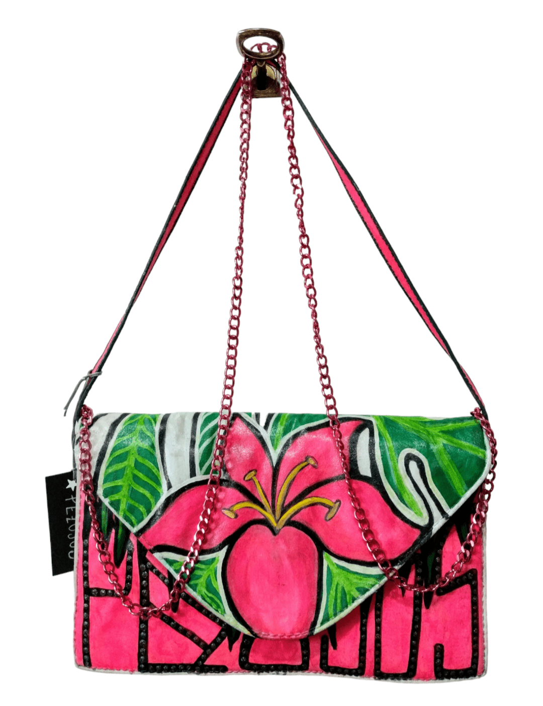 Bolso tipo sobre pintado a mano: Flor hawaiana en rosa neón - Ropa pintada a mano en Pezojos