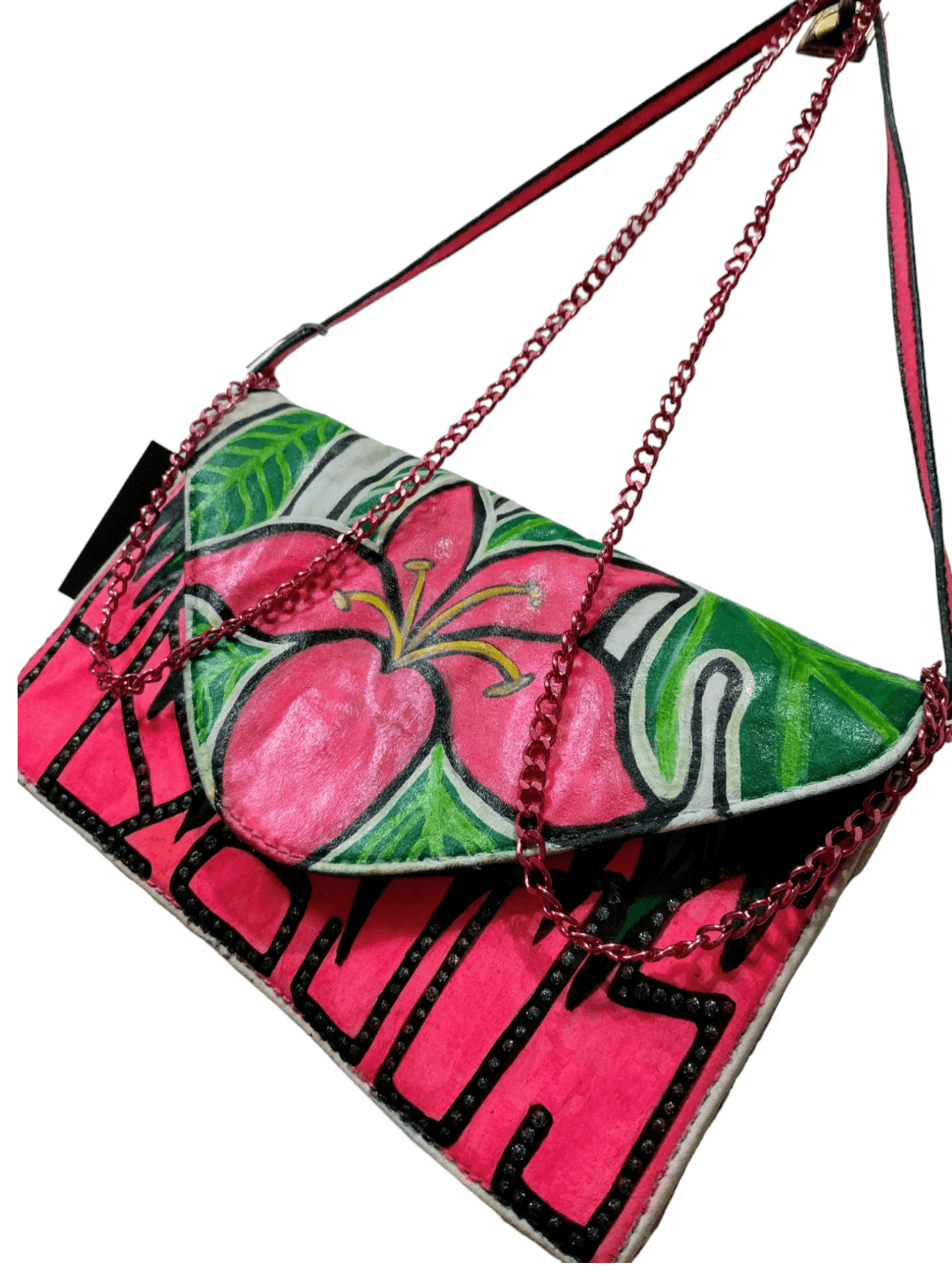 Bolso tipo sobre pintado a mano: Flor hawaiana en rosa neón - Ropa pintada a mano en Pezojos