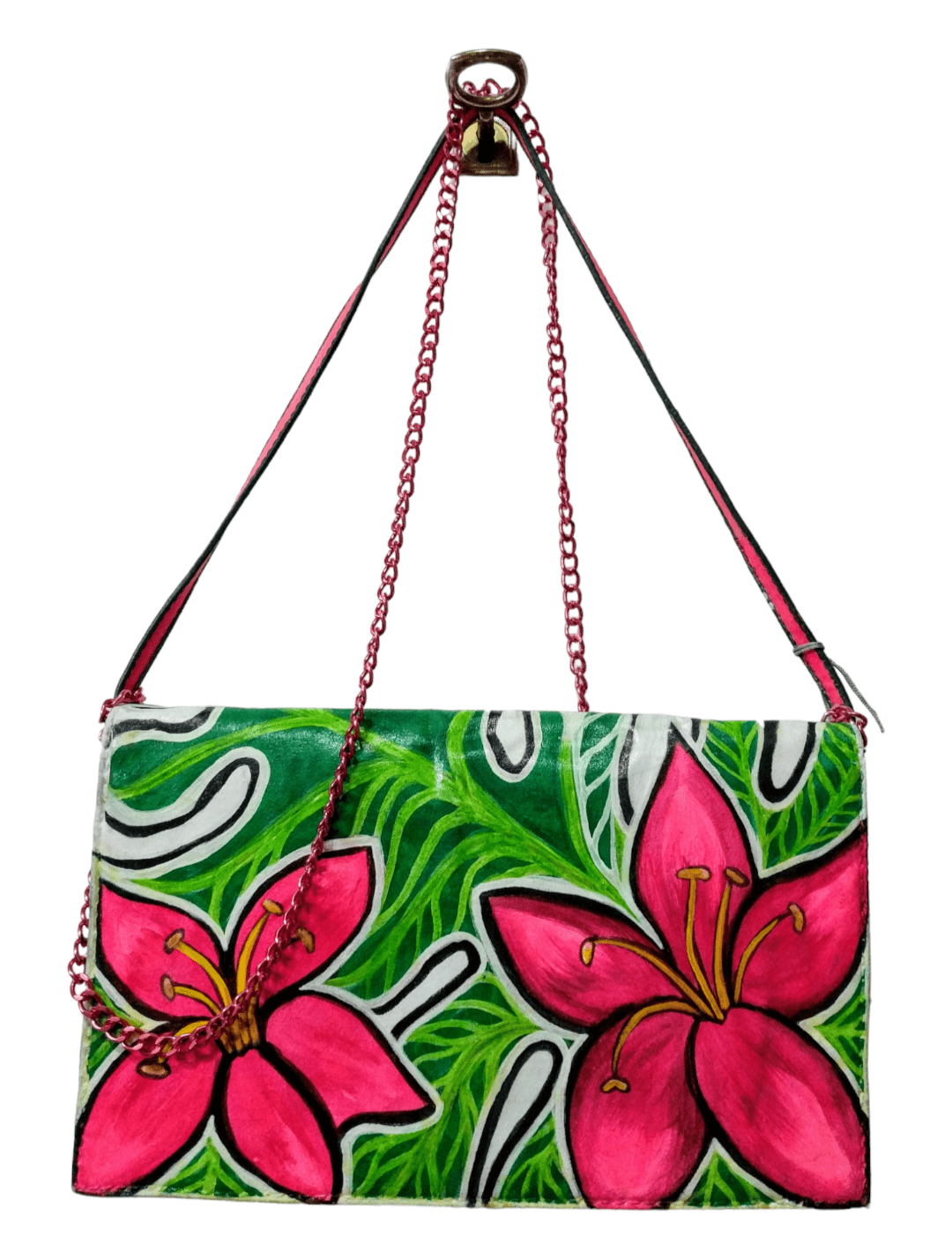 Bolso tipo sobre pintado a mano: Flor hawaiana en rosa neón - Ropa pintada a mano en Pezojos