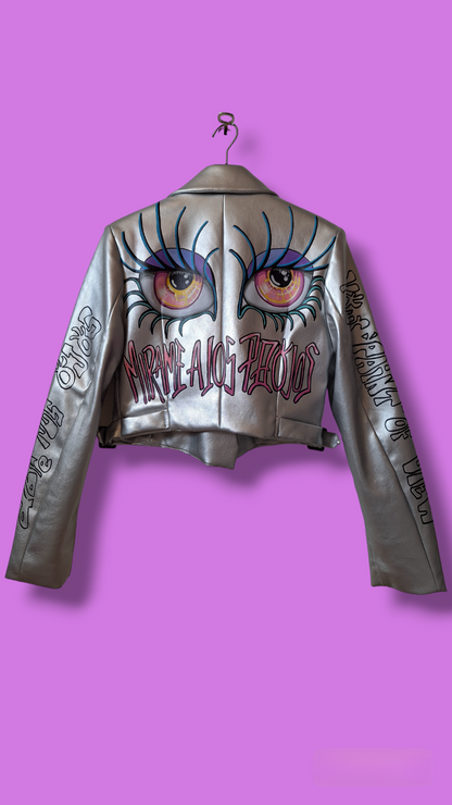 Chaqueta Biker plata pintada "Abre los ojos"