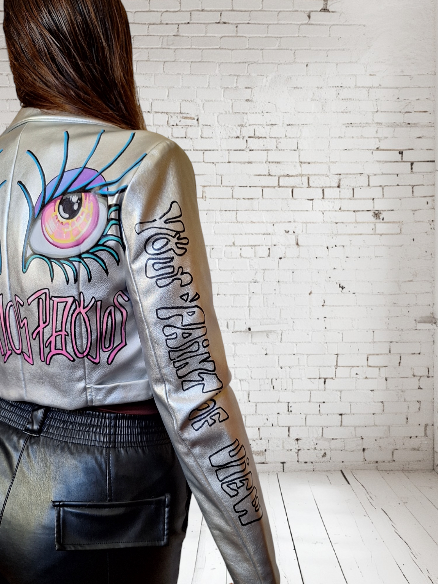 Chaqueta Biker plata pintada "Abre los ojos"