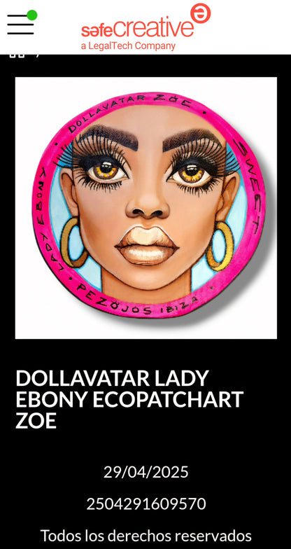 Ecopatch Art Dollavatar Lady Ebony Zoe Pieza Única Parche Arte Textil Pintado a Mano