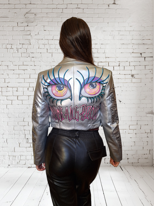 Chaqueta Biker plata pintada "Abre los ojos"