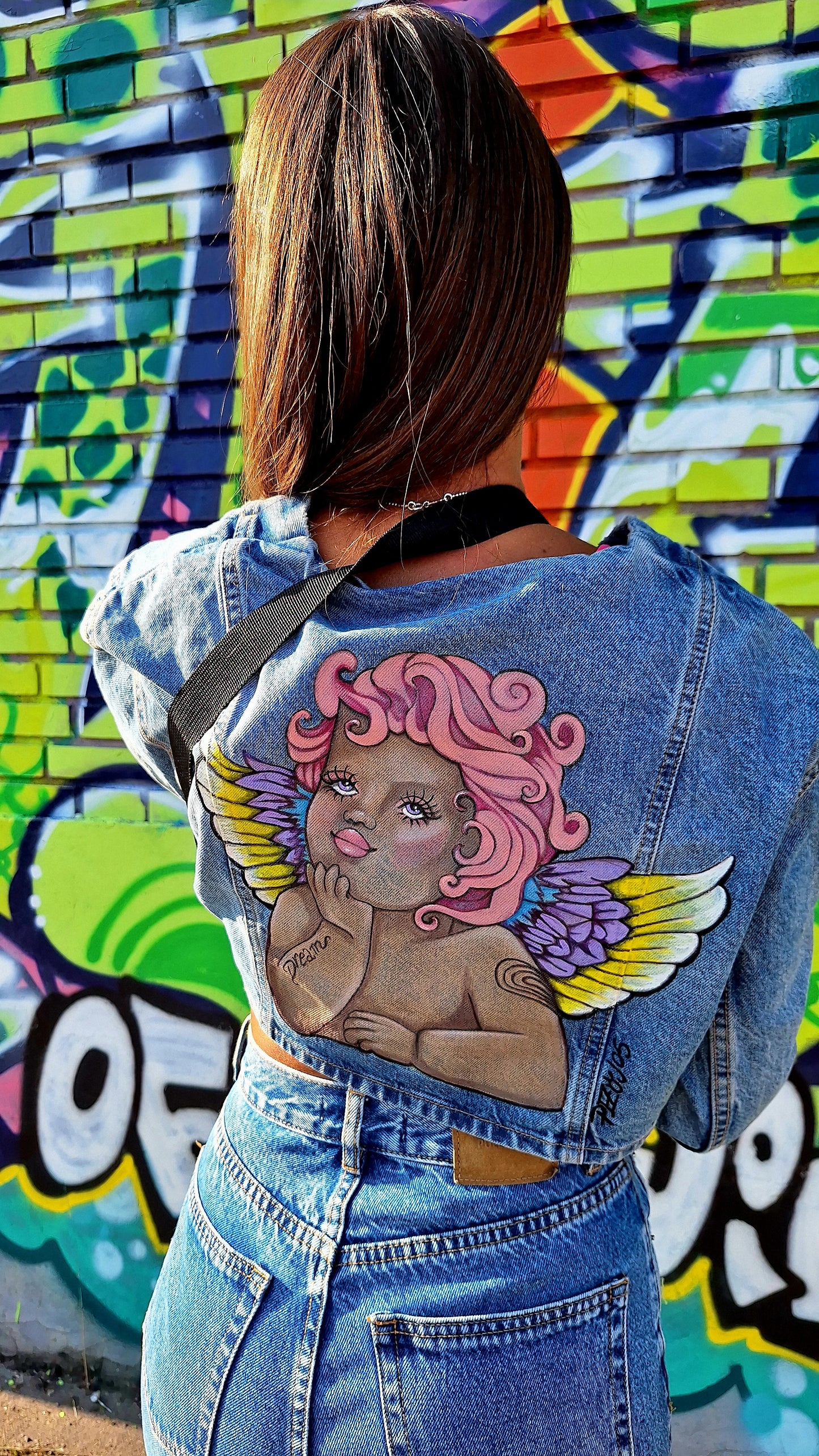 Chaqueta crop denim pintada a mano Angel Punk