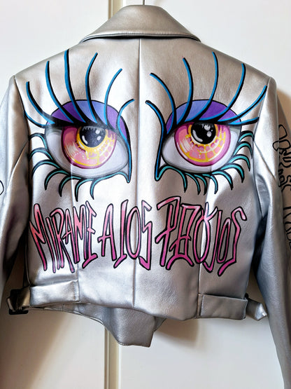 Chaqueta Biker plata pintada "Abre los ojos"