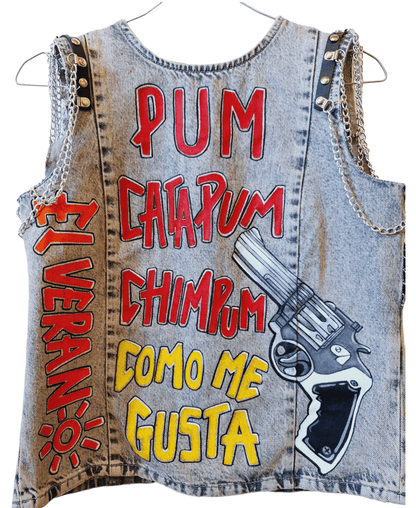 Top denim pintada a mano Pum - Ropa pintada a mano en Pezojos