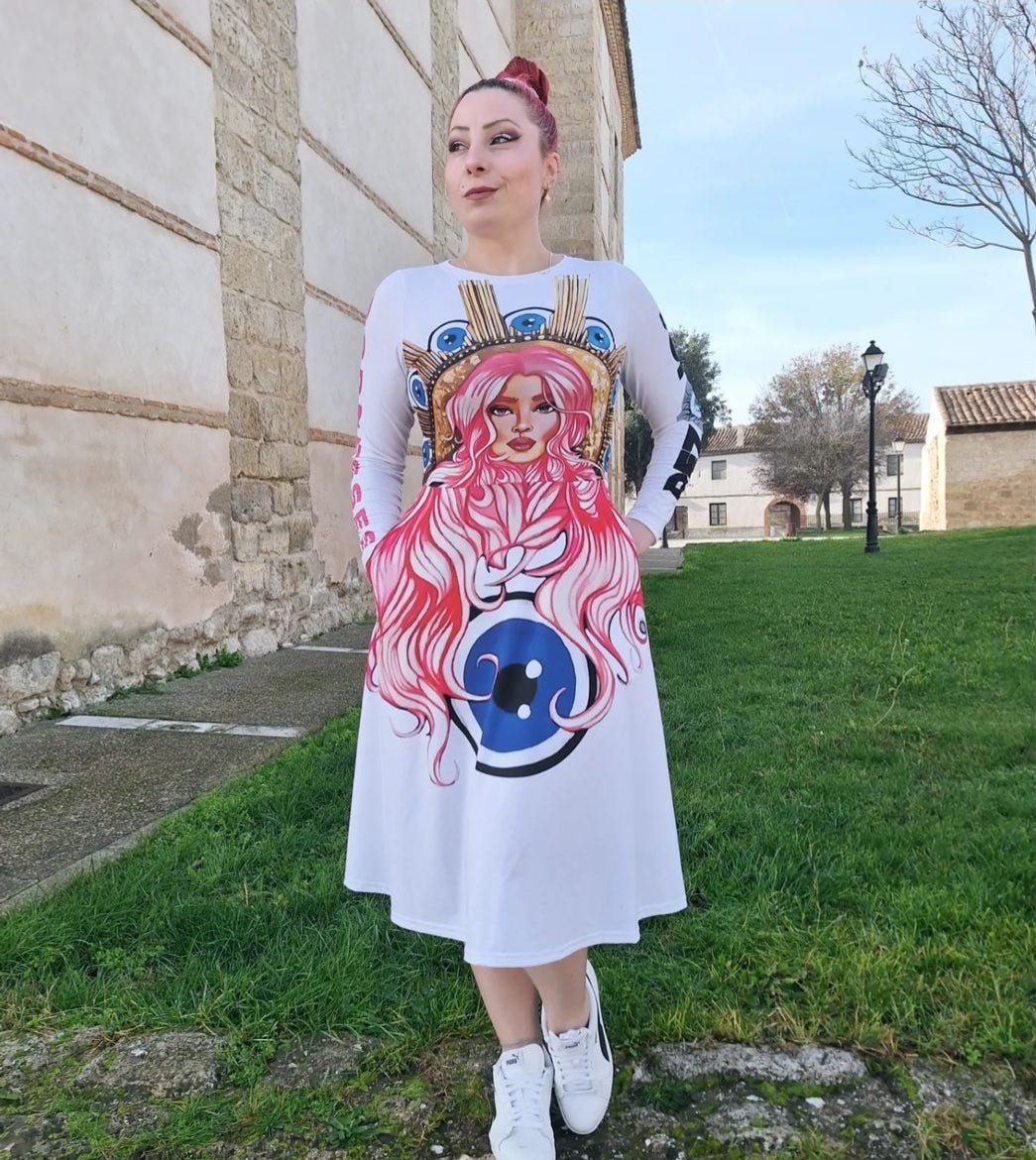 Vestido midi con manga larga Diosa 5th Element - Ropa pintada a mano en Pezojos